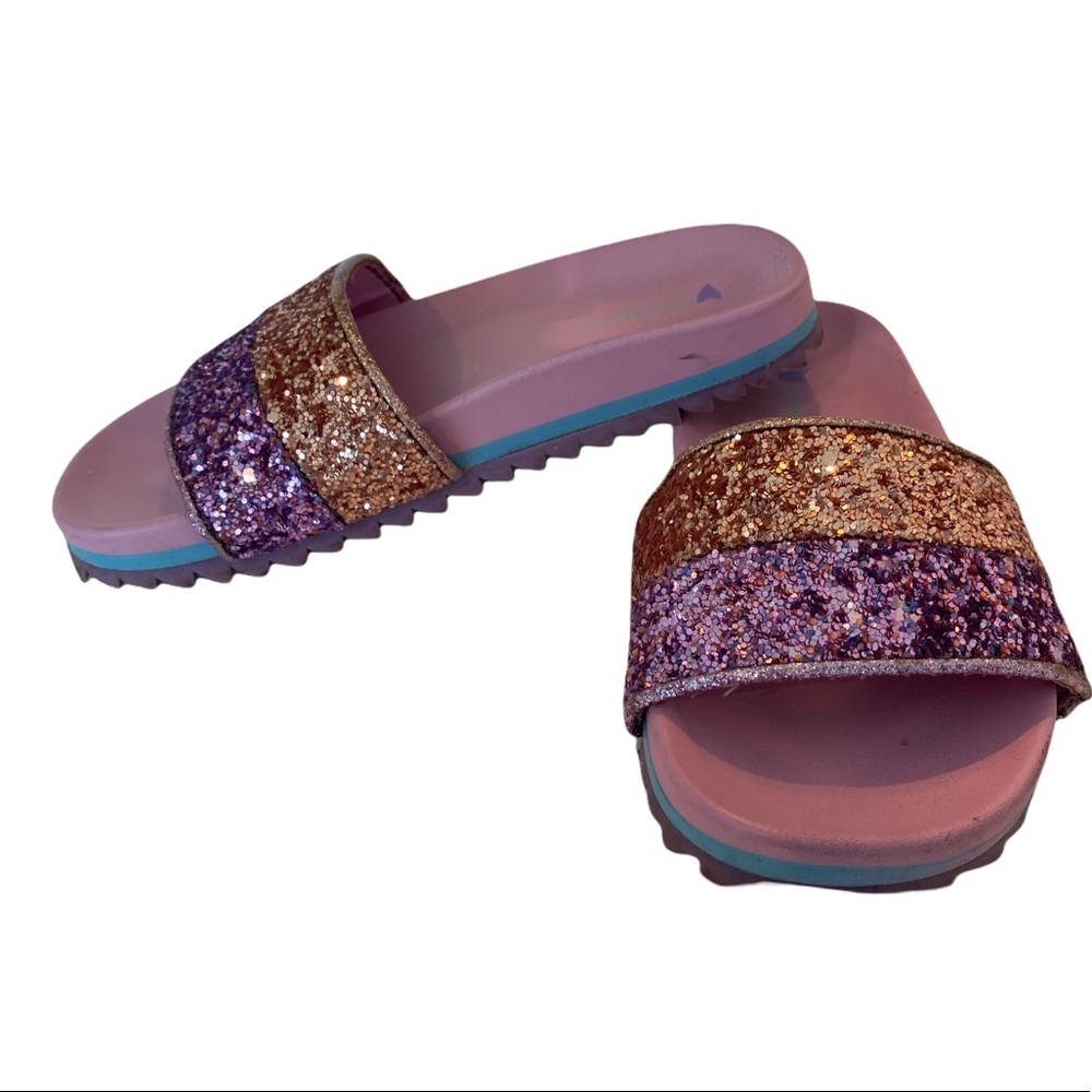 CREWCUTS Pink/Purple Glitter Slides. Size: 9k
